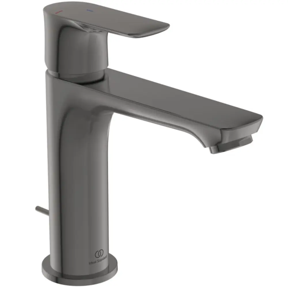 Ein grauer Wasserhahn mit flacher Oberfläche und seitlichem Hebel zur Temperaturregelung. Hersteller ist Ideal Standard.